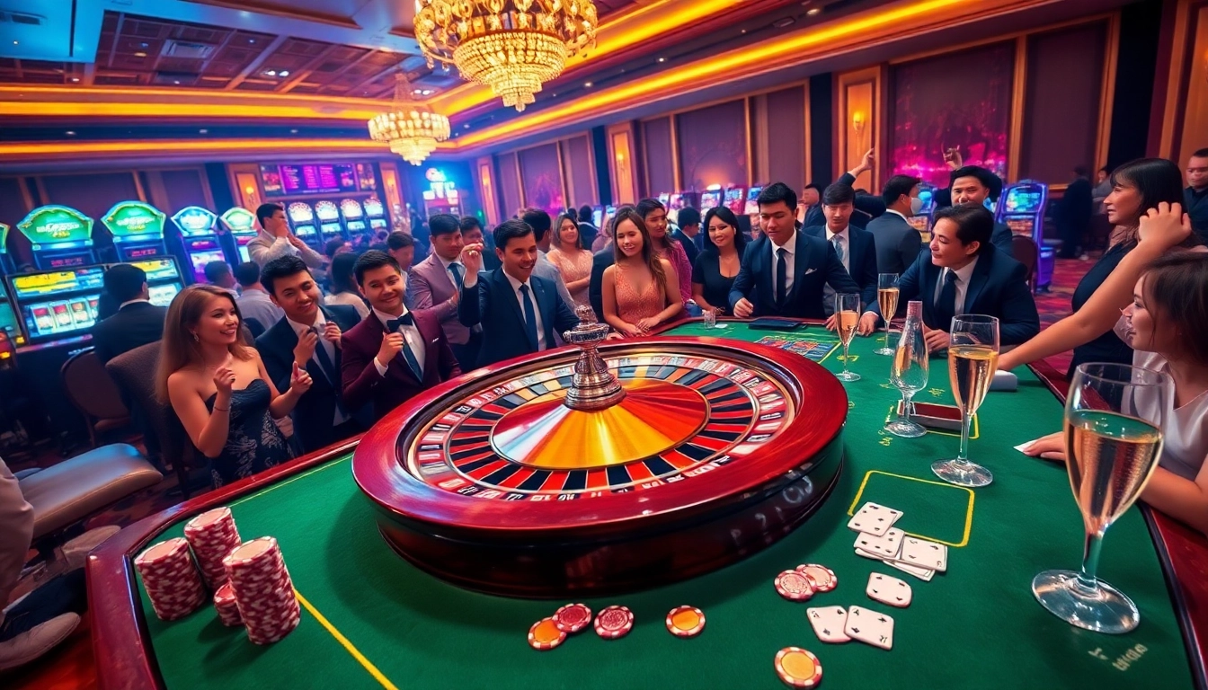 Thrilling scene of PS99 online gambling with roulette wheel and excited players.