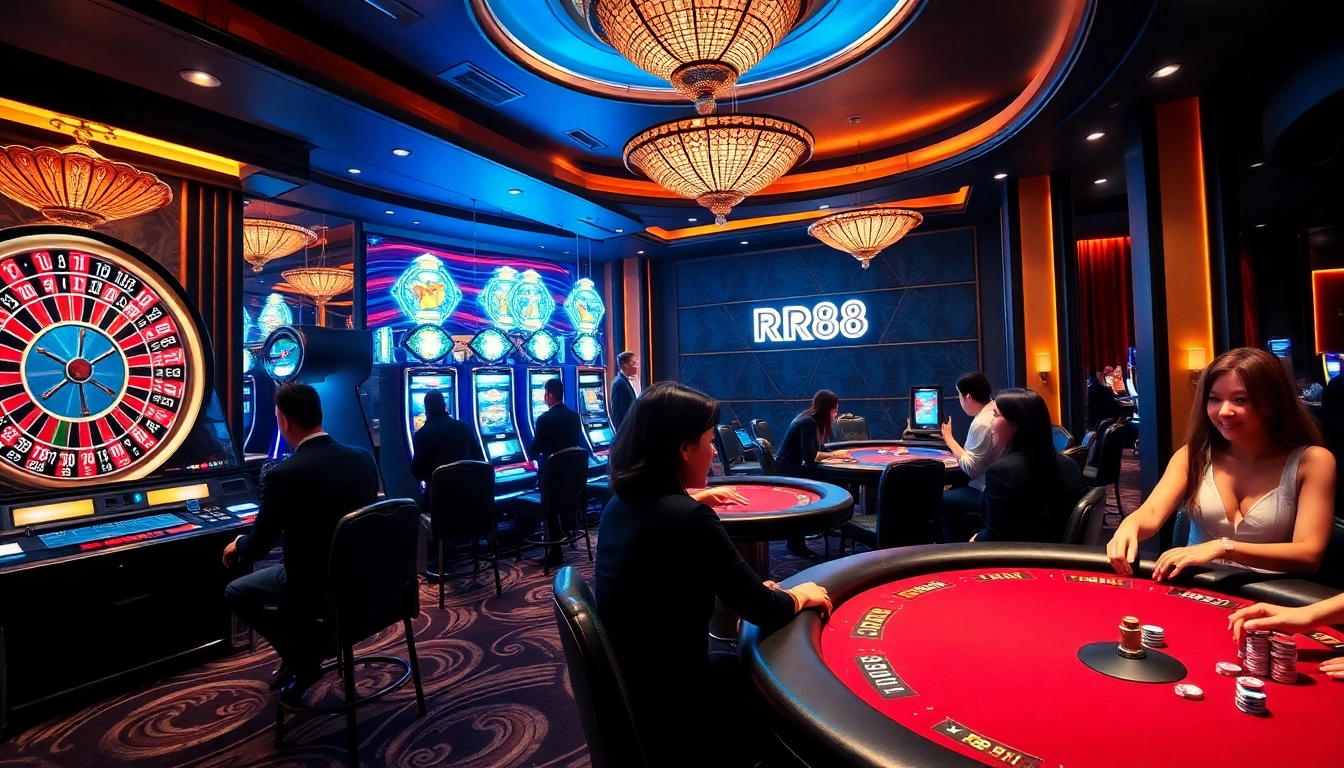 Highlighting RR88's vibrant casino atmosphere with roulette wheels and animated players.