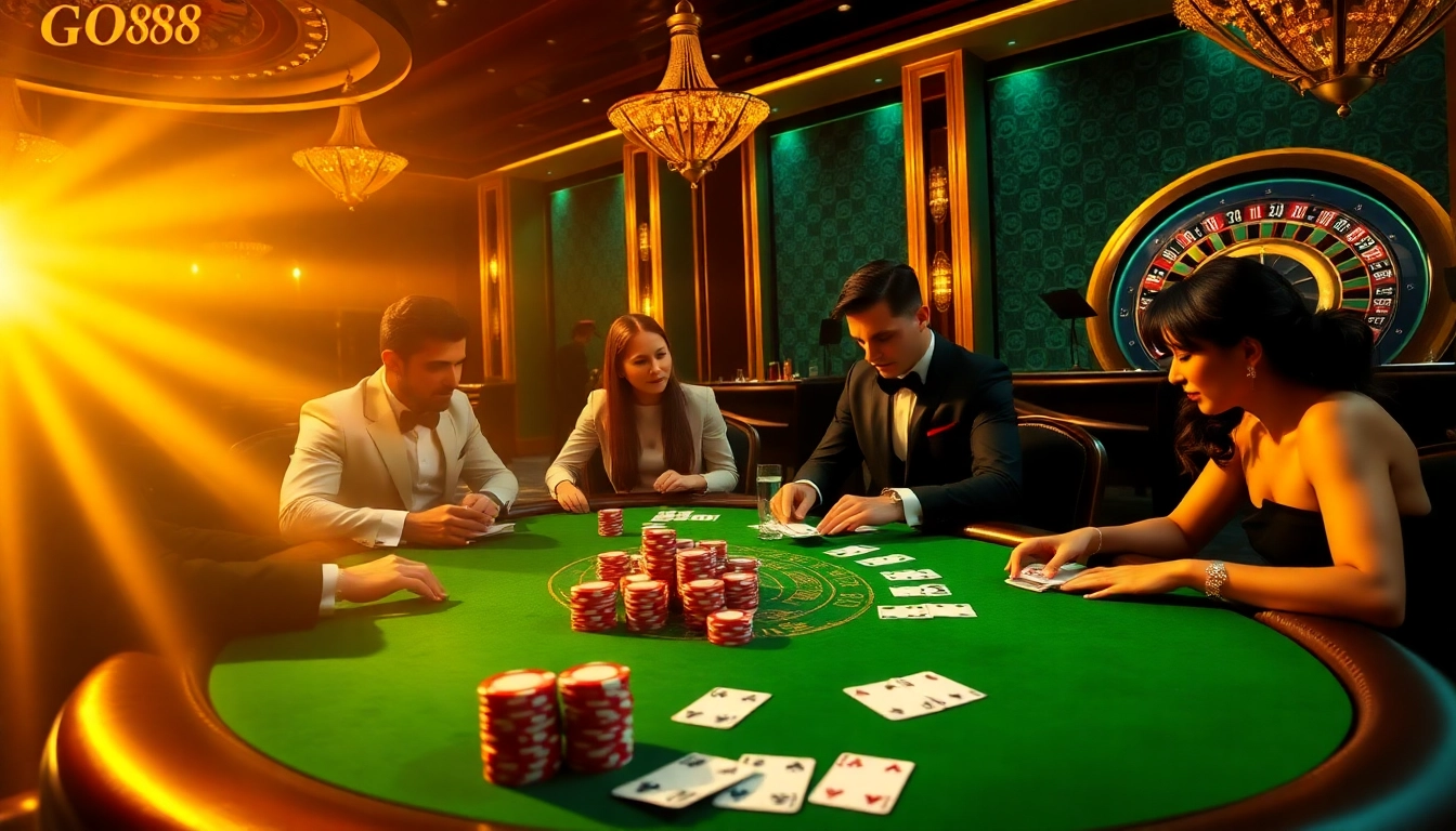 Exciting poker action at a Go88 themed casino table with vibrant lighting and luxurious decor.