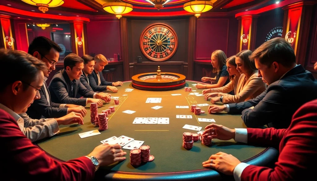 Engage in a thrilling poker game at CM88, surrounded by vibrant chips, cards, and casino ambiance.