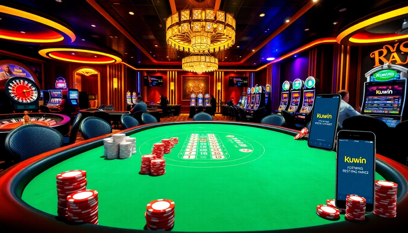 Kuwin online casino poker players in a vibrant, luxurious environment filled with exciting gaming elements.