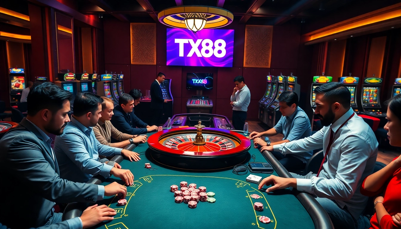 Engaging poker table scene showcasing players strategizing around the TX88 brand and casino elements.