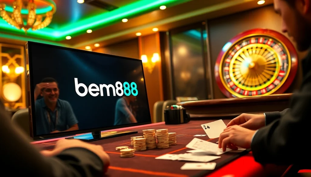 Experience the thrill of bem88 with vibrant casino elements, including poker chips and a roulette wheel.