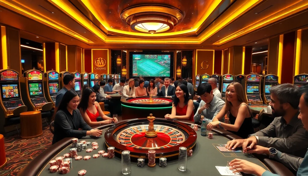 This image showcases thrilling casino action at https://33win.services/ with players at a roulette table and vibrant slot machines.