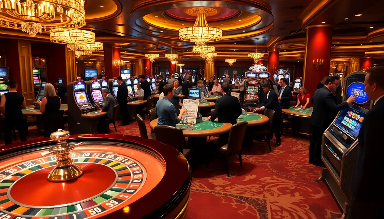 Excitement on the casino floor at https://kwin.bio/ with players enjoying roulette and slot machines.