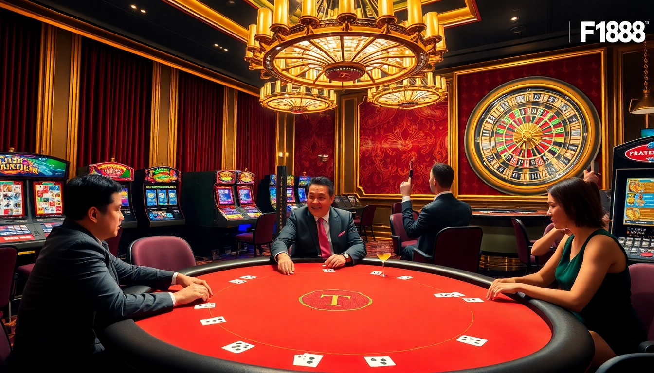 Players enjoying a thrilling game at F168 casino with vibrant slot machines and poker tables.