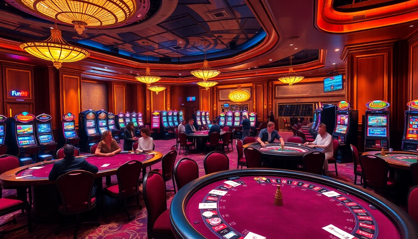 Experience high-stakes gaming at Fun88, featuring luxurious casino tables and vibrant slot machines.
