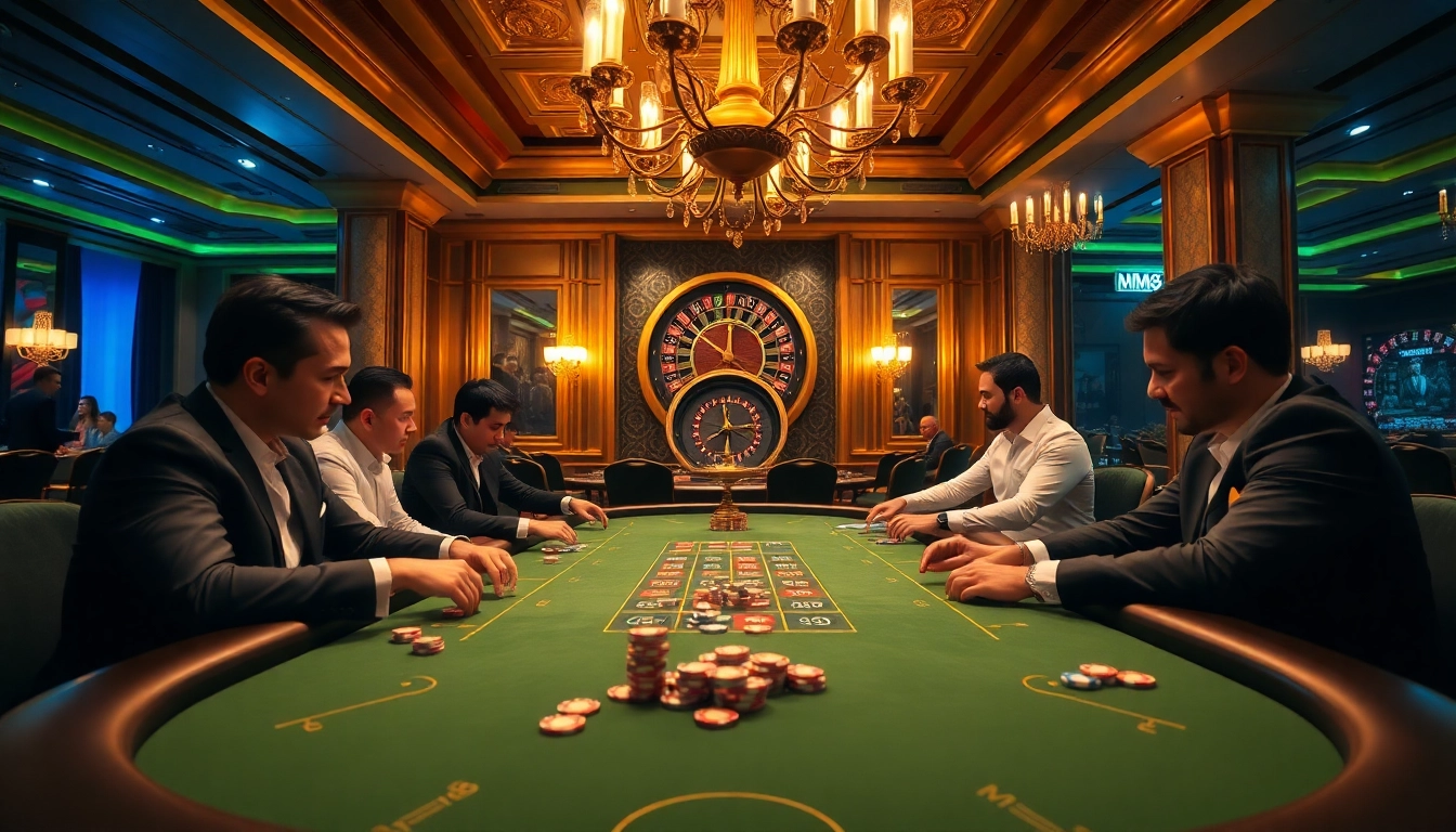 MM88 poker players strategizing in an elegant casino atmosphere with vibrant lighting.
