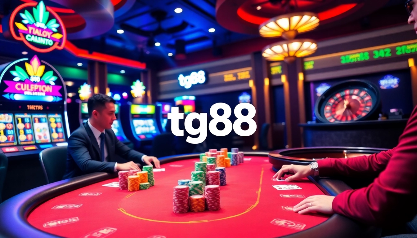 Experience the thrill of tg88 at a luxury casino with poker tables, chips, and slots.