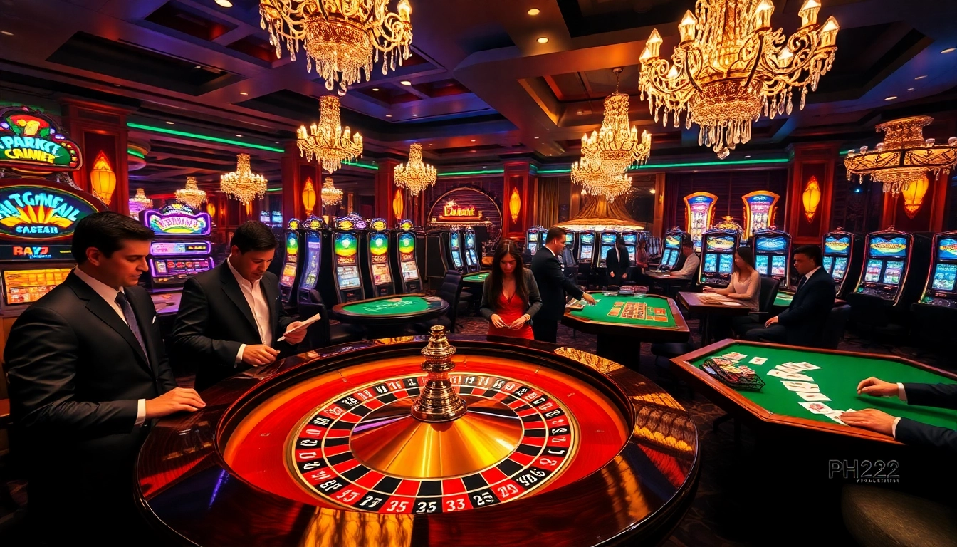 Exciting casino atmosphere with players engaging at PH222 roulette tables amid vibrant lights.