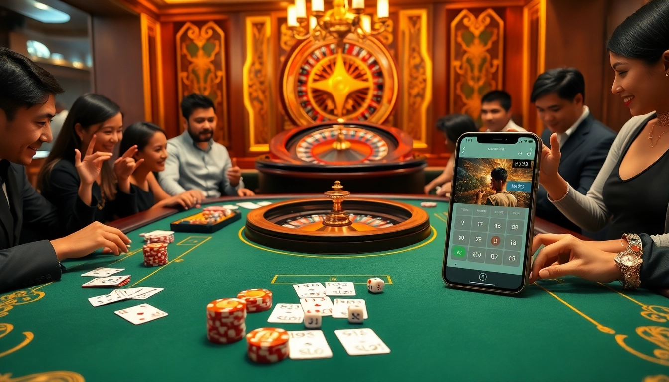 Tàixỉu MD5 players enjoying an exciting game at a luxury casino table with chips and cards.