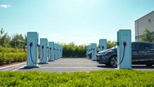 EV Charging Installation with modern chargers in a green commercial setting.