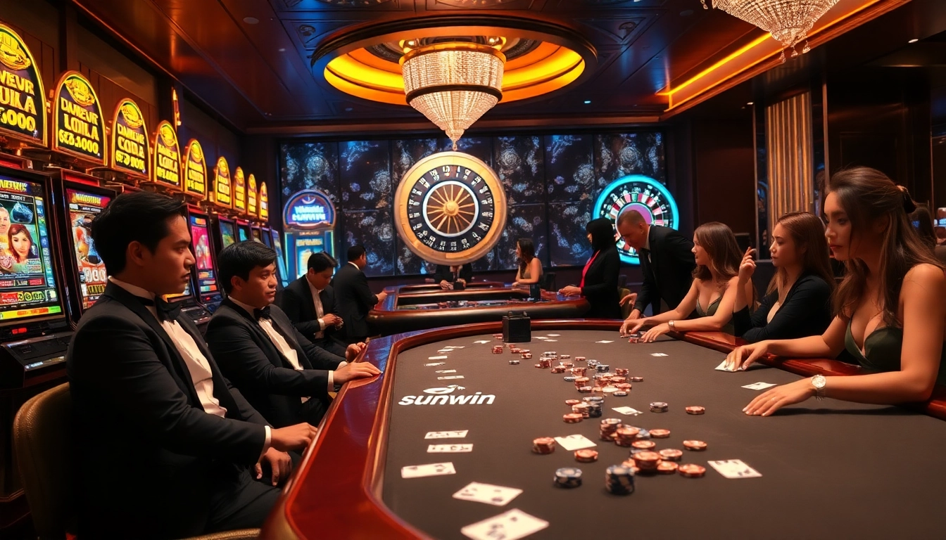Experience electrifying gameplay at sunwin's luxurious casino tables, featuring poker chips and slot machines.