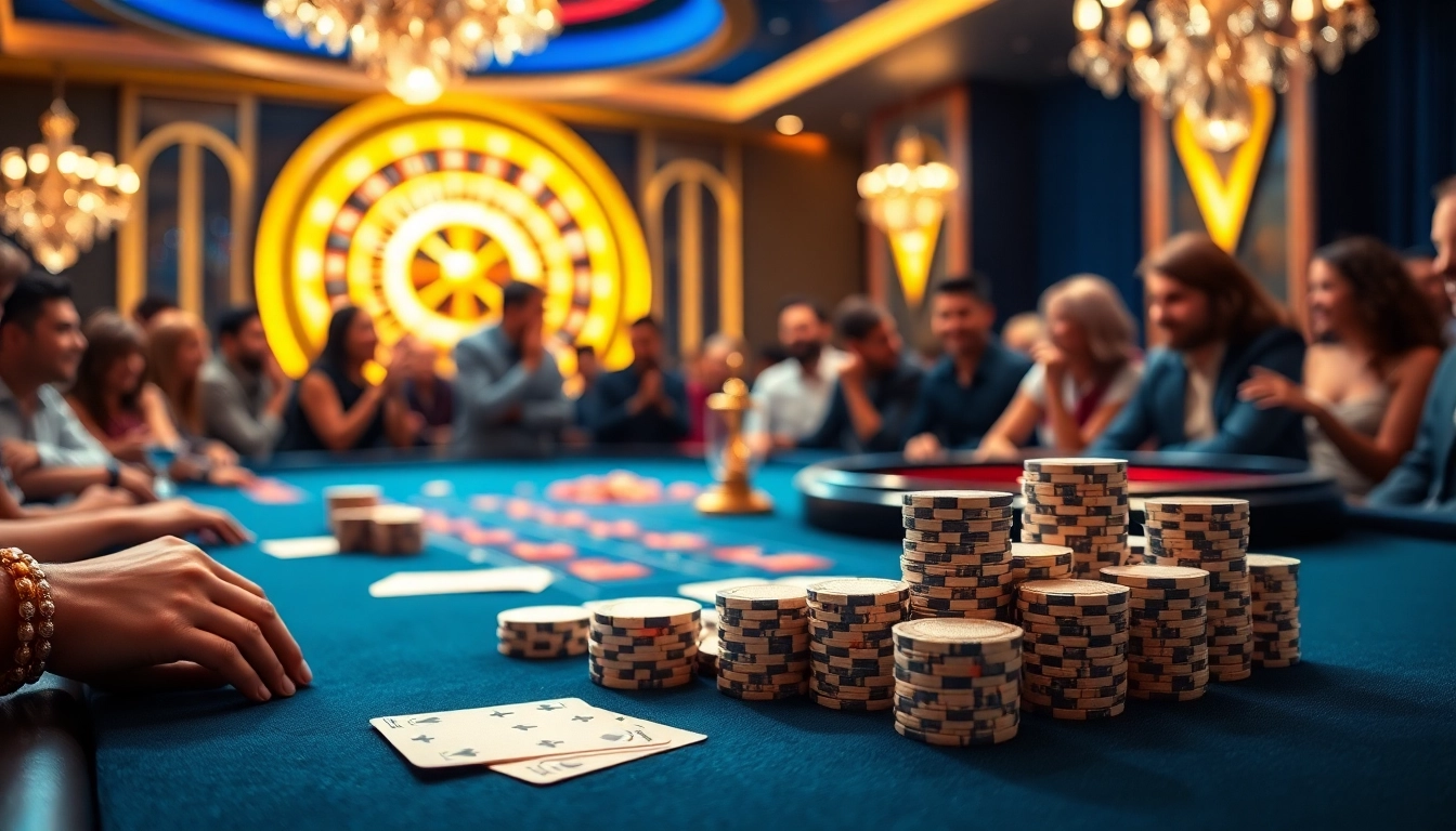 Engaging poker action at https://s8esra.com/ featuring vibrant chips and cards in a luxurious casino setting.