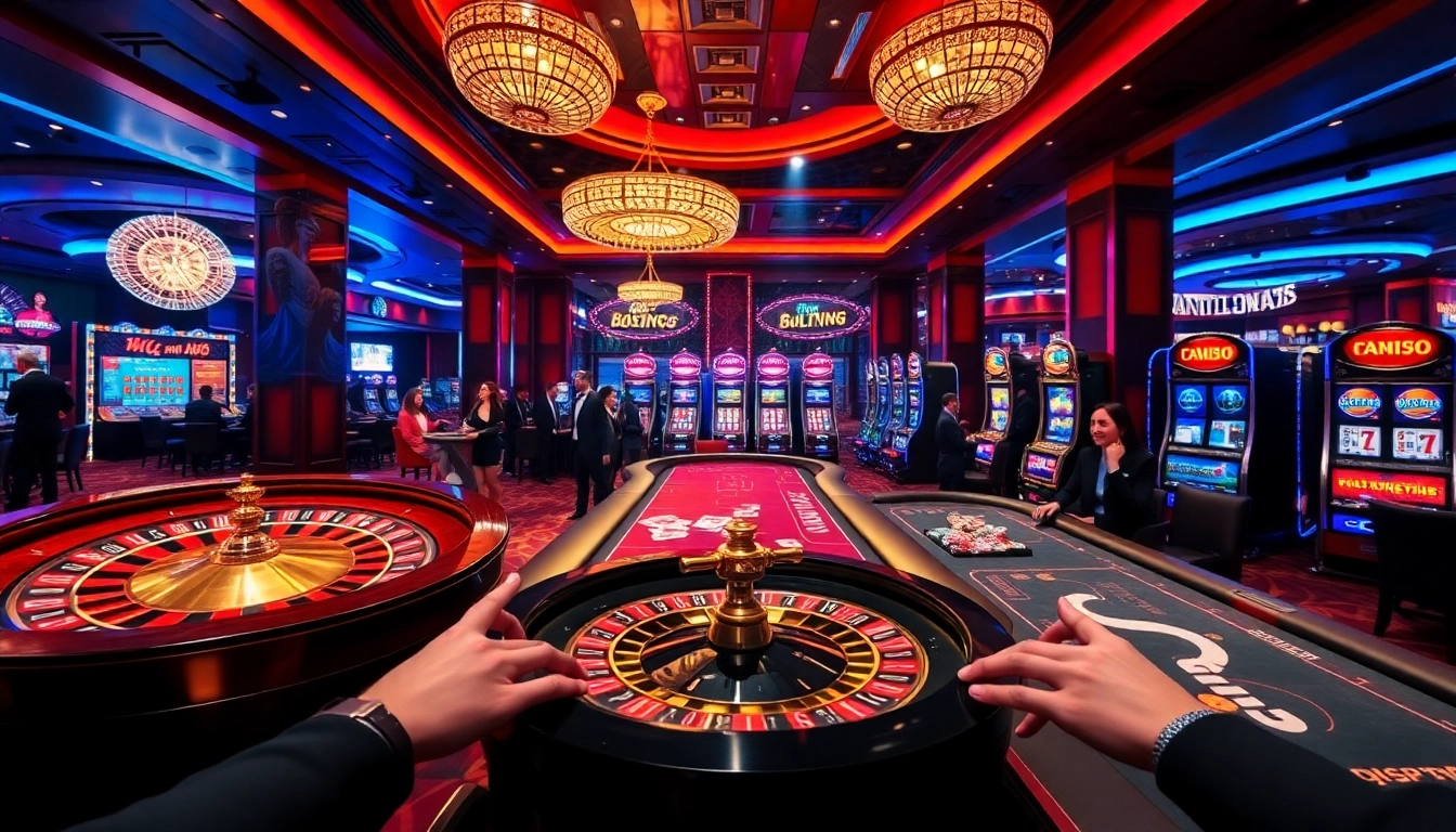 Players enjoying thrilling games at MM99 casino, featuring vibrant tables and slot machines.