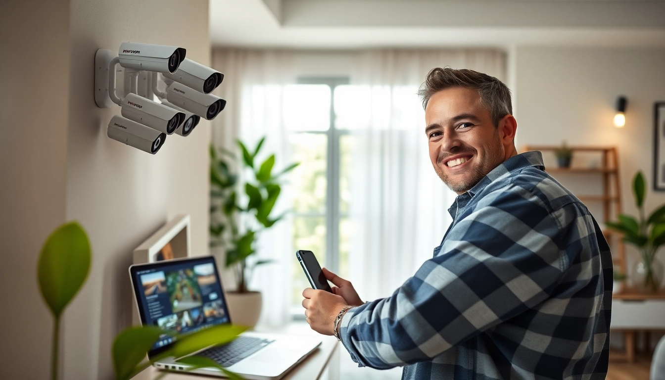 Instalación de soporte técnico para cámaras de seguridad con un técnico amable en un hogar moderno.