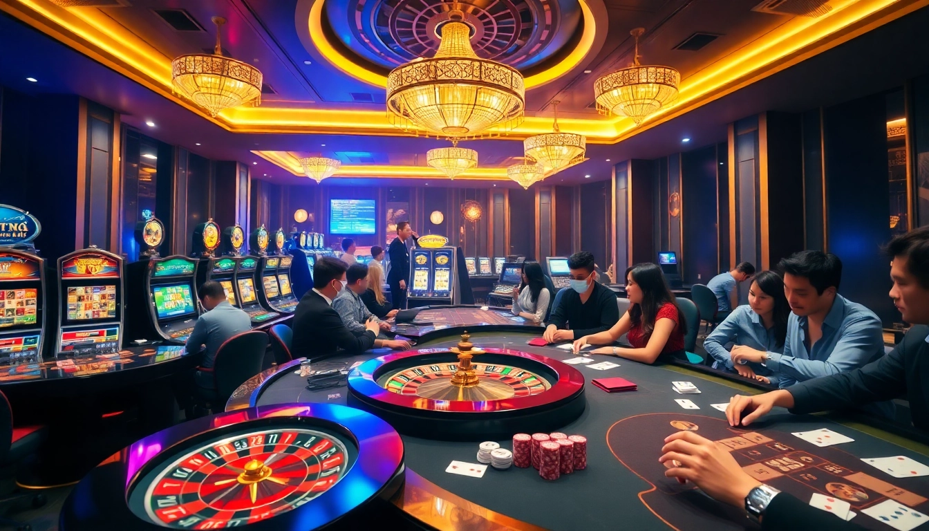 Exciting casino scene showcasing LIÊN MINH KJC with poker tables and vibrant slot machines.