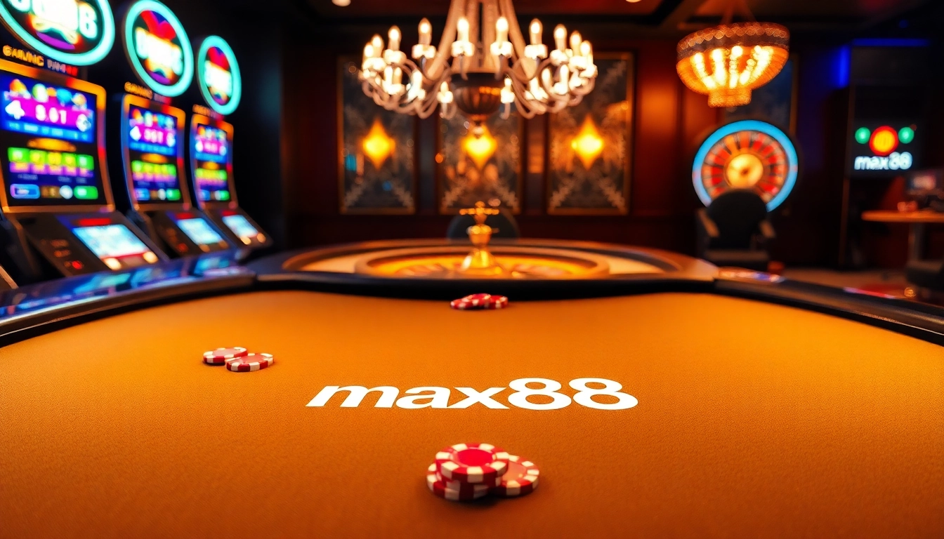 Experience the thrill of max88 with a luxurious casino table featuring vibrant poker chips and elegant cards.