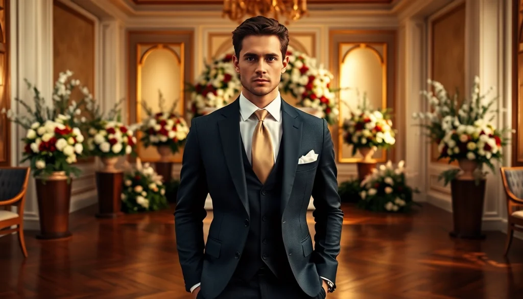 Showcase of designer menswear at a luxurious wedding event, featuring an elegantly dressed male model.