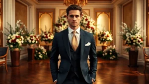 Showcase of designer menswear at a luxurious wedding event, featuring an elegantly dressed male model.
