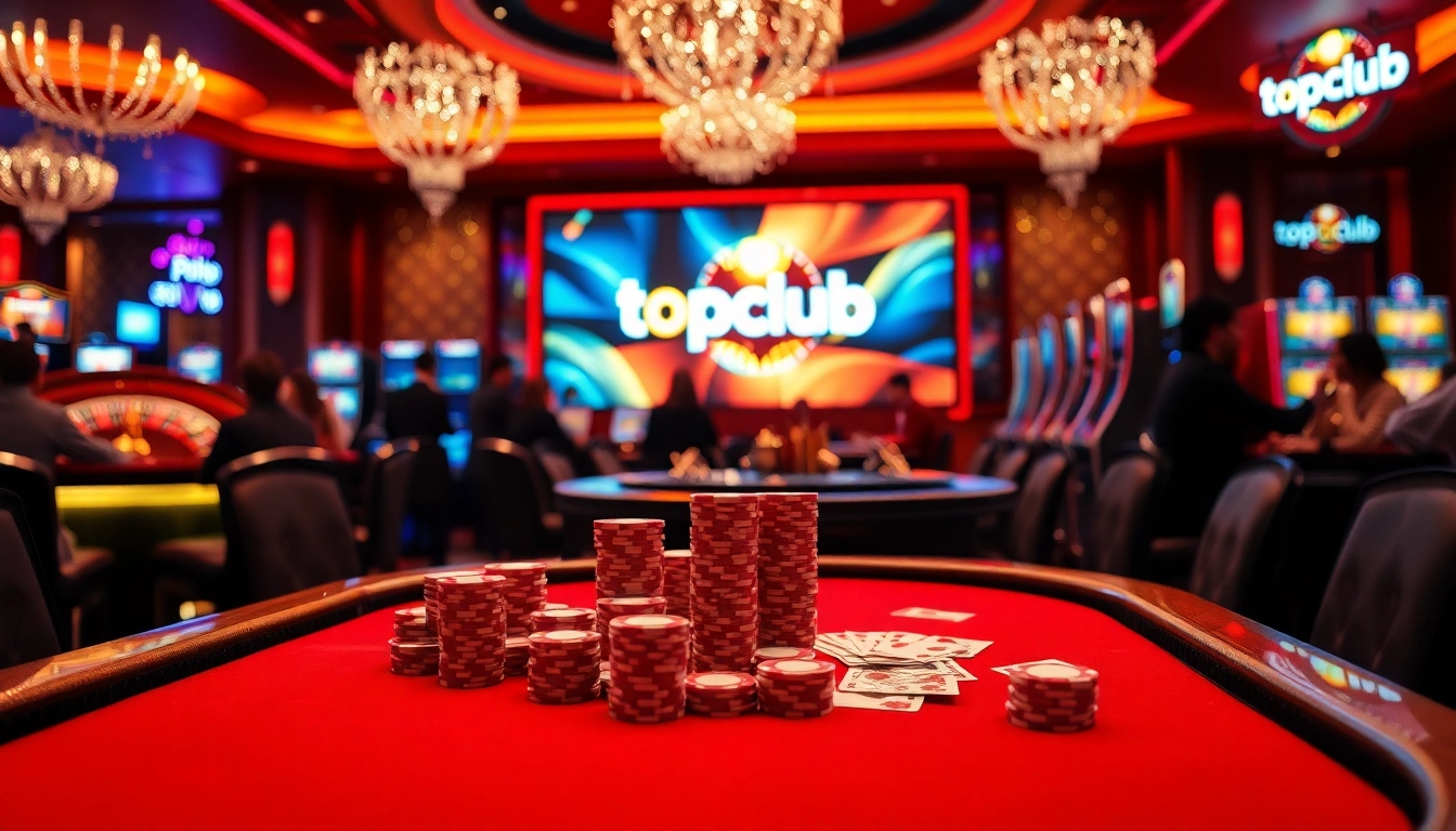 Players enjoying intense action at topclub's luxurious casino tables with vibrant chips and cards.