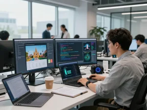 Data scientist analyzing AI-generated image to prompt output in modern tech lab.