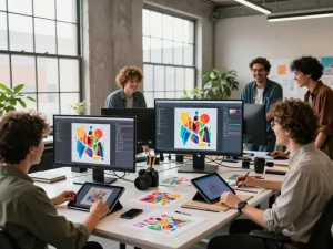Creative professionals generating image prompts using AI tools in a vibrant workspace.