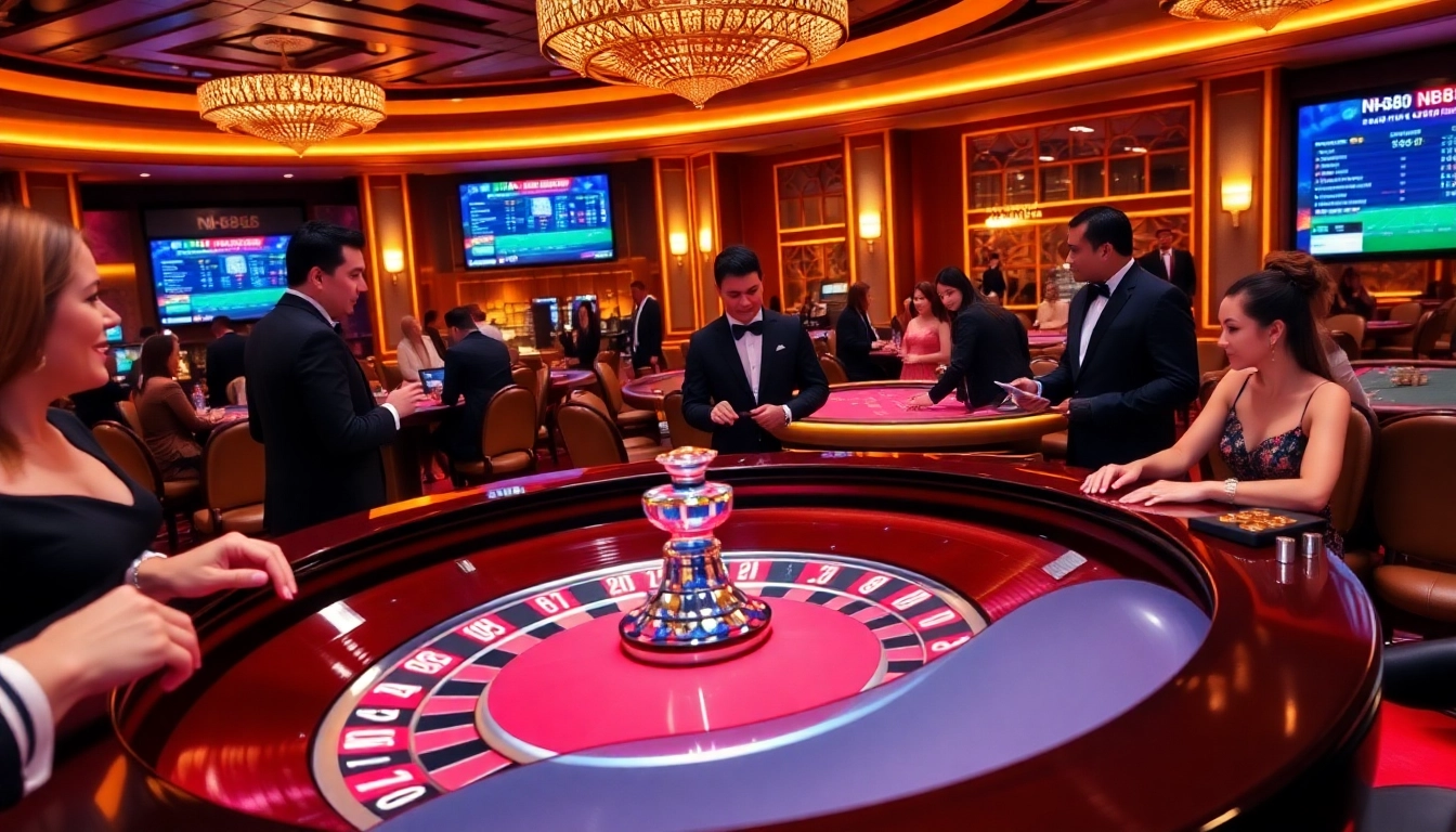 Players engaging with the vibrant NH88 online casino experience at a roulette table.