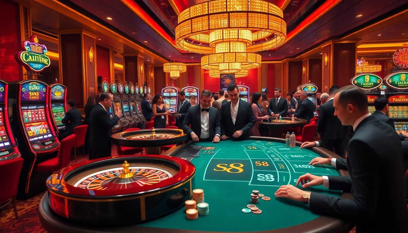 S8 branded gaming table in a luxurious casino atmosphere, filled with excitement and professional gamblers.