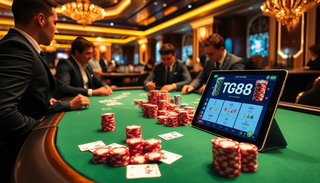 Players engaged in high-stakes poker excitement at tg88, showcasing colorful chips and modern casino ambiance.