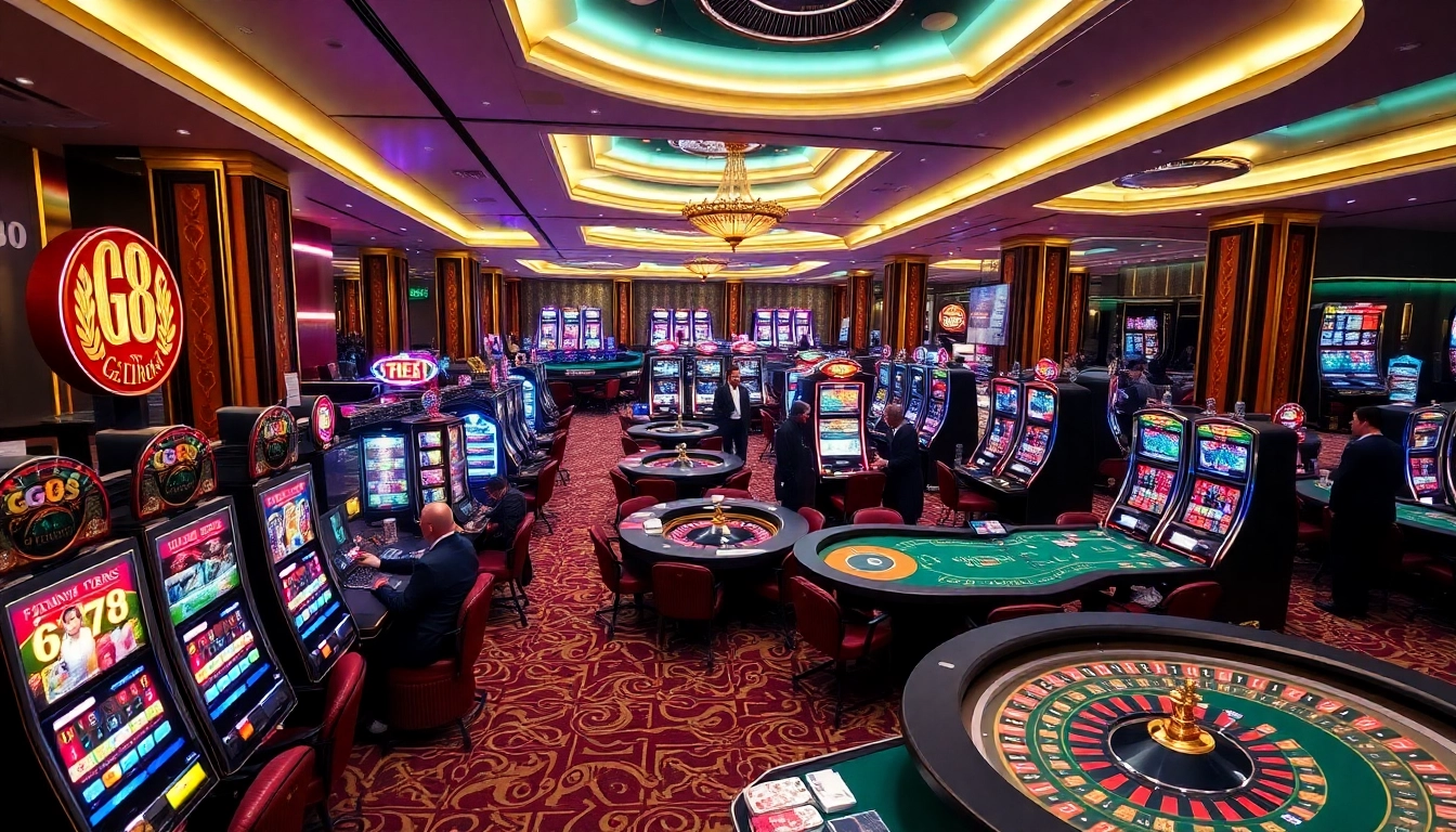 Exciting casino scene featuring GG88 with players at roulette and slot machines.