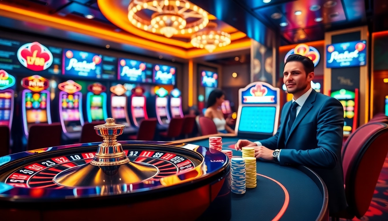 Engaging LV88 com casino scene with roulette wheel and poker chips, showcasing thrilling gambling action.