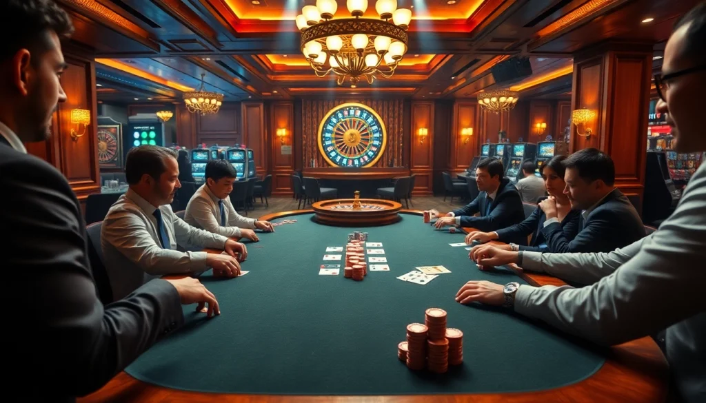 Experience the thrill of 98win at an elegant casino table surrounded by avid gamblers.