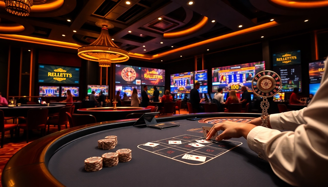 A thrilling scene of gambling excitement at Trang chủ Luck8 with a blackjack table, roulette wheel, and online gaming interfaces.
