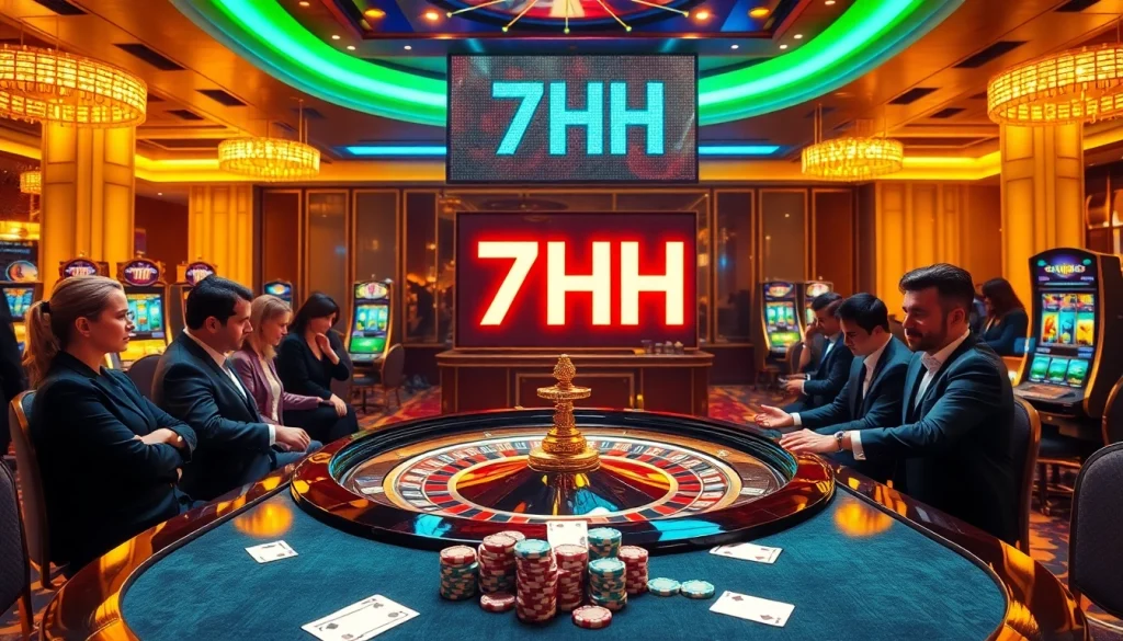 Players enjoying an exciting game at 7HH's luxurious casino table.