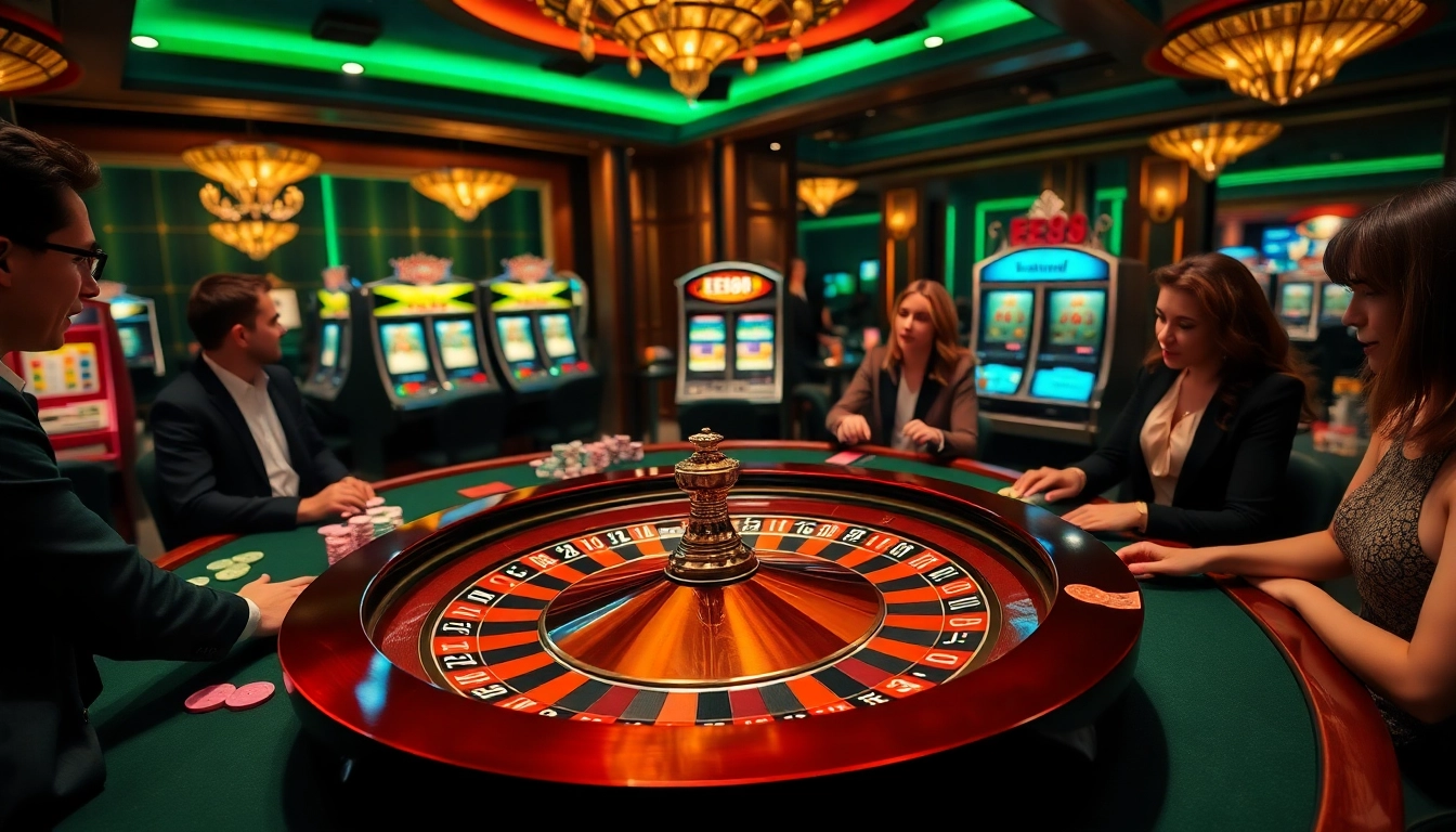 EE88 casino players enjoying a vibrant roulette game at an upscale venue.