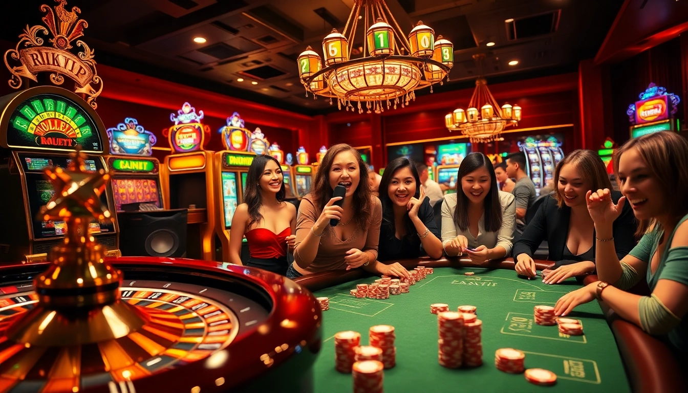 Players enjoying games at rikvip's luxurious casino atmosphere with roulette and poker tables.