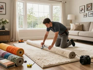Residential carpet installation in a modern living room with professional installer and vibrant carpet samples.