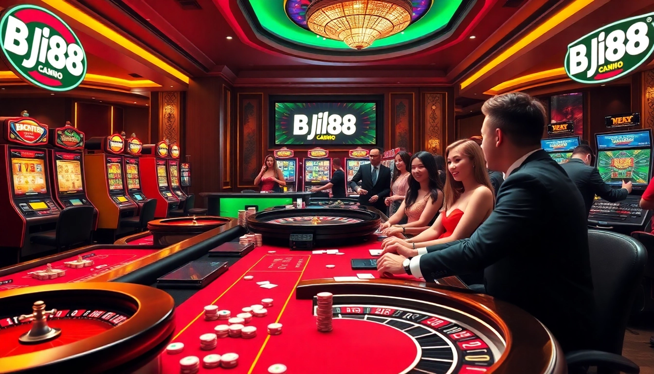 BJ88 players enjoying an engaging online casino experience with lively tables and premium casino elements.