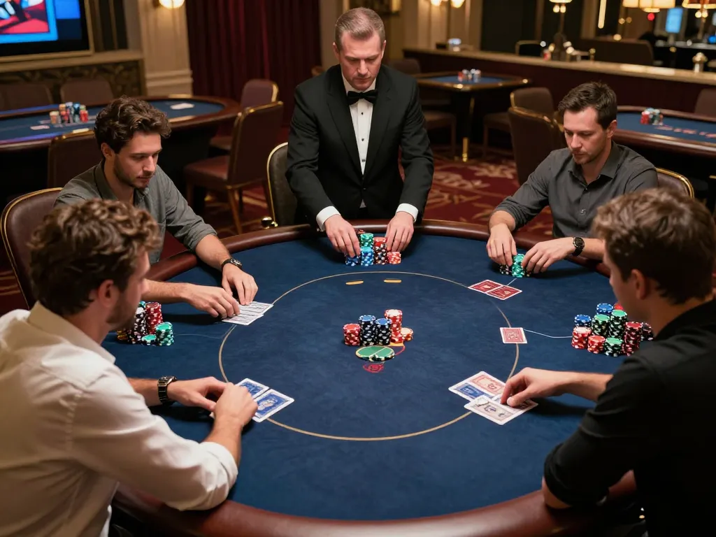 Players engaged in a high-stakes poker game at a luxury casino showcasing strategic 7m1 moments