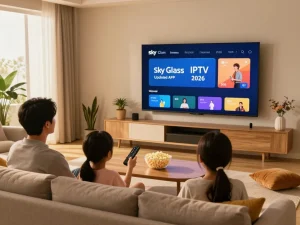 Sky Glass IPTV Updated APP 2026 showcased in a cozy family living room