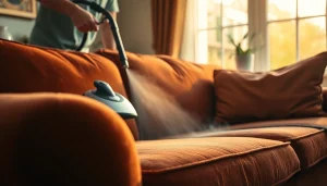 Couch cleaning in Glasgow with a technician using a steam cleaner in a bright home setting.