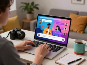 Engaging user in ai nsfw chat on sleek laptop with vibrant character interactions.
