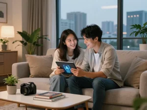 Couple exploring sex ai technology on tablet in cozy urban apartment.
