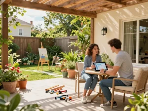 Couple using a veranda configurator on a tablet in a beautifully designed outdoor space.