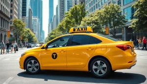 Taxi parked in a busy urban street, highlighting its modern design and city life.