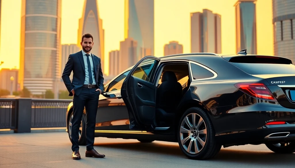 Chauffeur Hire service featuring a professional chauffeur with a luxury vehicle in an urban setting.