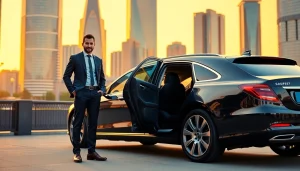 Chauffeur Hire service featuring a professional chauffeur with a luxury vehicle in an urban setting.