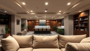 Beautifully designed basement renovation transforming a dull space into a stylish lounge.