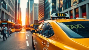 Cabs parked on a vibrant city street, showcasing urban life and transportation options.